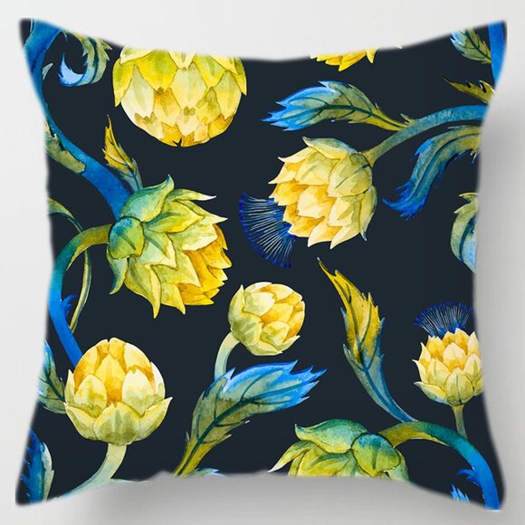 Double Sided Yellow Blooms on Black Pillow Cover - Picture 1 of 2